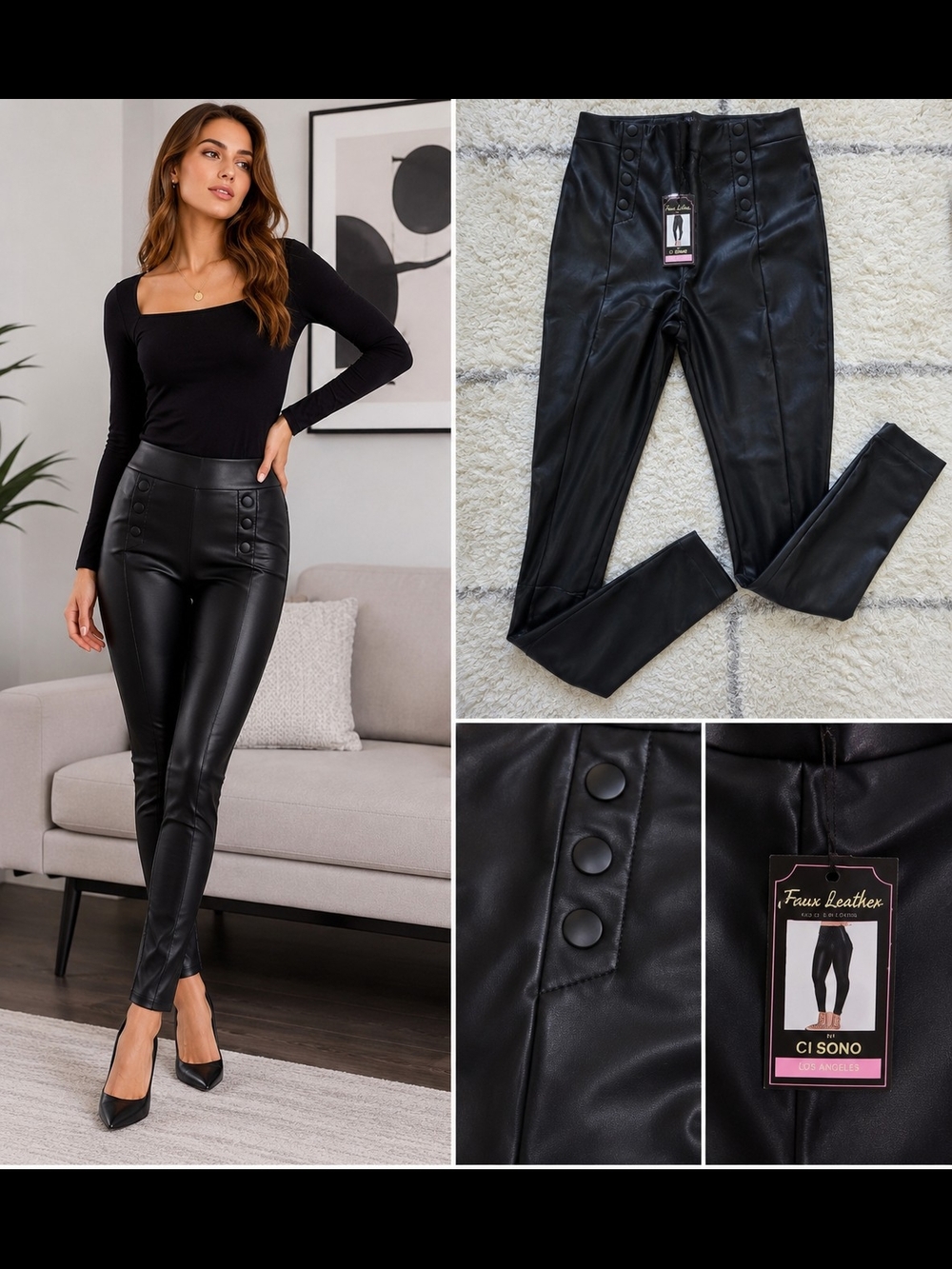 Ci Sono Black Faux Leather High-Rise Skinny Pants with Button Detail M